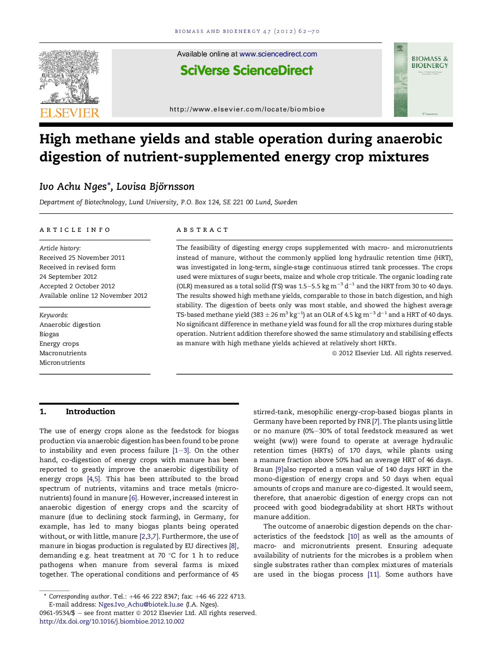 High methane yields and stable operation during anaerobic digestion of nutrient-supplemented energy crop mixtures