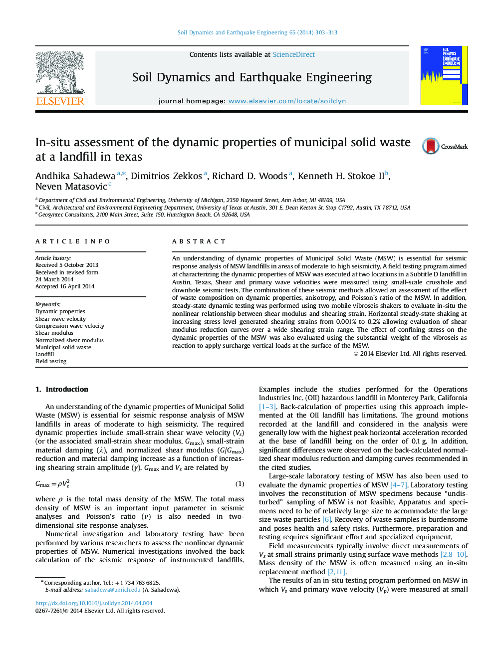 In-situ assessment of the dynamic properties of municipal solid waste at a landfill in texas