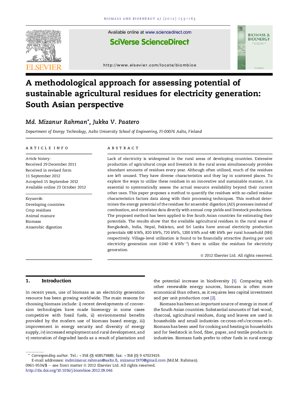 A methodological approach for assessing potential of sustainable agricultural residues for electricity generation: South Asian perspective