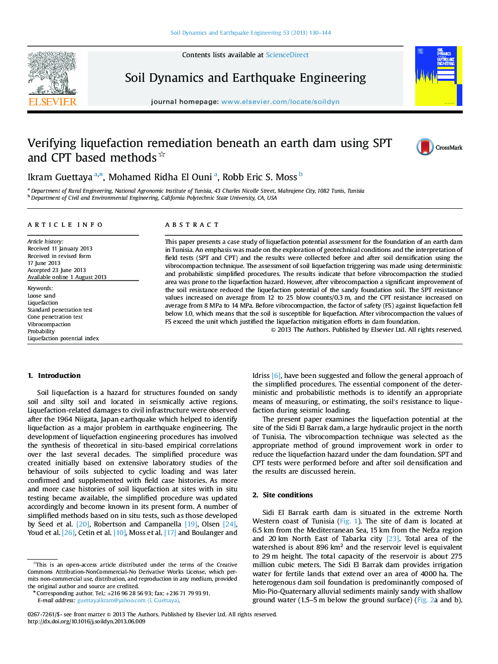 Verifying liquefaction remediation beneath an earth dam using SPT and CPT based methods