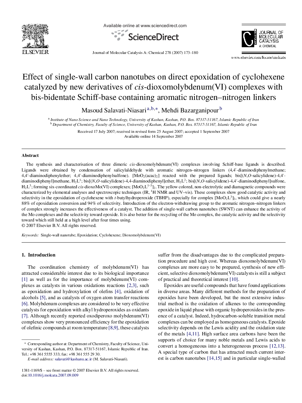 Effect of single-wall carbon nanotubes on direct epoxidation of cyclohexene catalyzed by new derivatives of cis-dioxomolybdenum(VI) complexes with bis-bidentate Schiff-base containing aromatic nitrogen–nitrogen linkers