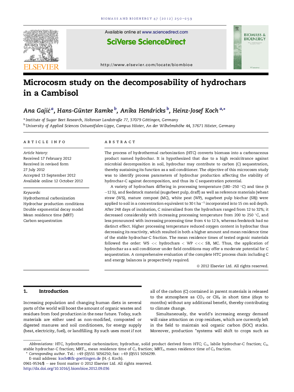 Microcosm study on the decomposability of hydrochars in a Cambisol