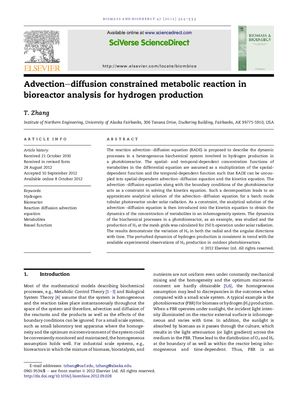 Advection-diffusion constrained metabolic reaction in bioreactor analysis for hydrogen production