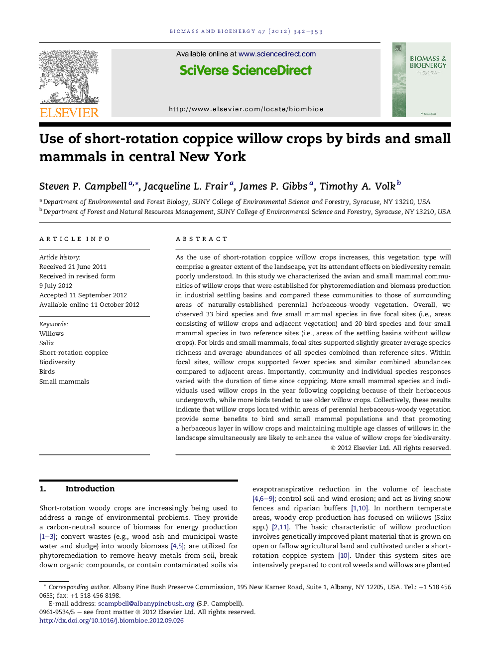 Use of short-rotation coppice willow crops by birds and small mammals in central New York