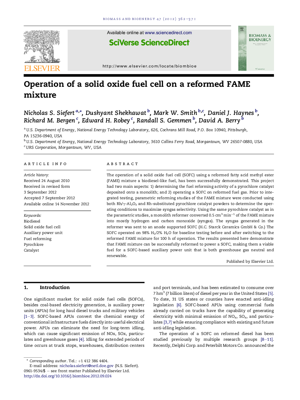 عکس صفحه اول مقاله: Operation of a solid oxide fuel cell on a reformed FAME mixture Operation of a solid oxide fuel cell on a reformed FAME mixture