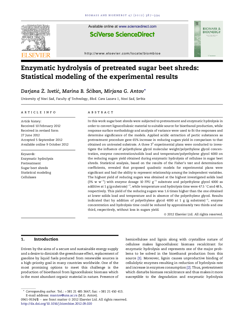 Enzymatic hydrolysis of pretreated sugar beet shreds: Statistical modeling of the experimental results