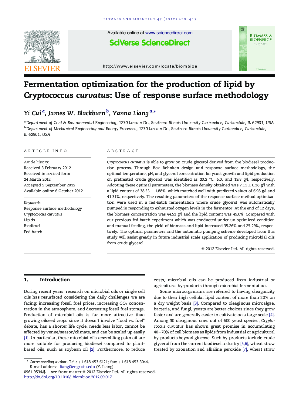 Fermentation optimization for the production of lipid by Cryptococcus curvatus: Use of response surface methodology