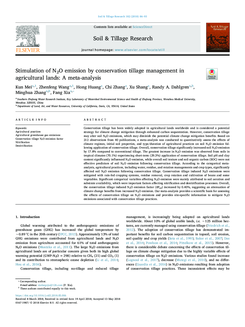 Stimulation of N2O emission by conservation tillage management in agricultural lands: A meta-analysis