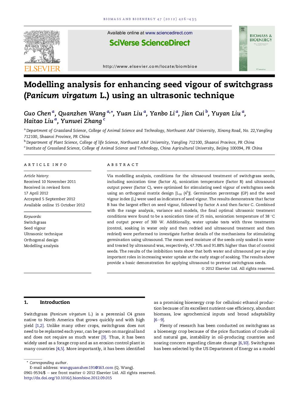 Modelling analysis for enhancing seed vigour of switchgrass (Panicum virgatum L.) using an ultrasonic technique