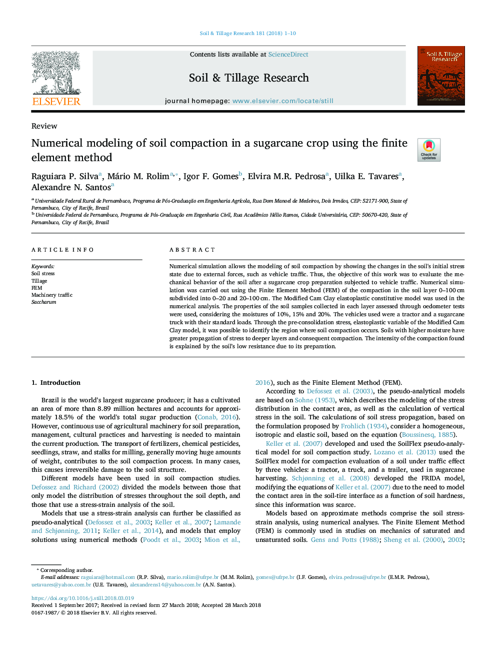 Numerical modeling of soil compaction in a sugarcane crop using the finite element method