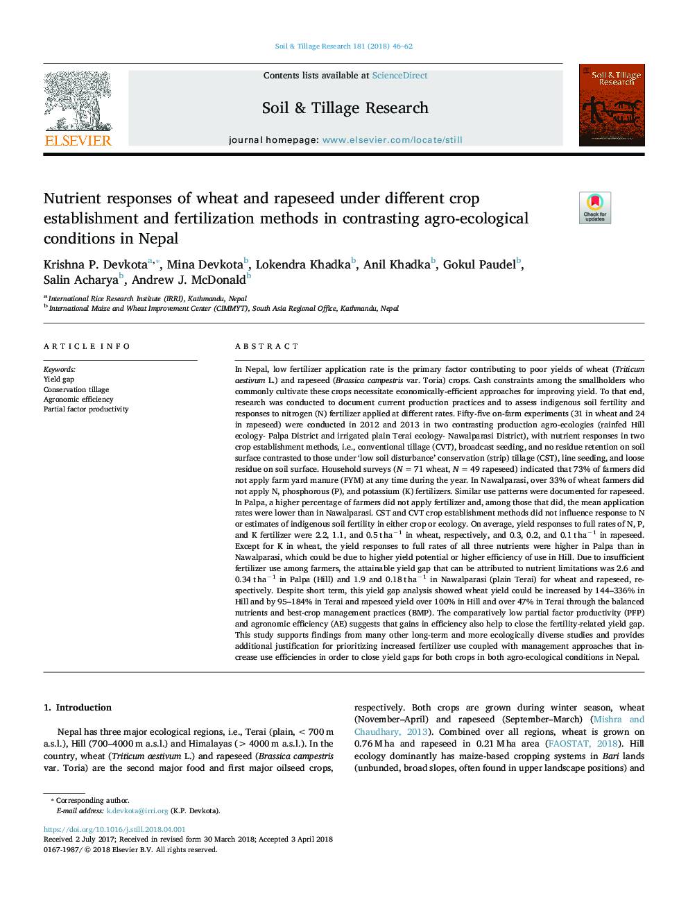 Nutrient responses of wheat and rapeseed under different crop establishment and fertilization methods in contrasting agro-ecological conditions in Nepal