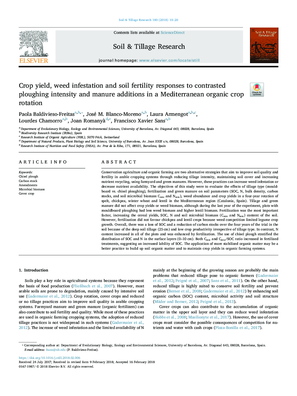 Crop yield, weed infestation and soil fertility responses to contrasted ploughing intensity and manure additions in a Mediterranean organic crop rotation