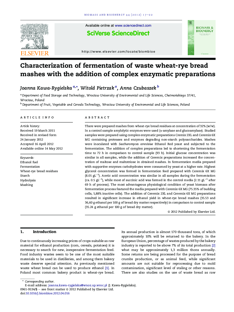 Characterization of fermentation of waste wheat-rye bread mashes with the addition of complex enzymatic preparations