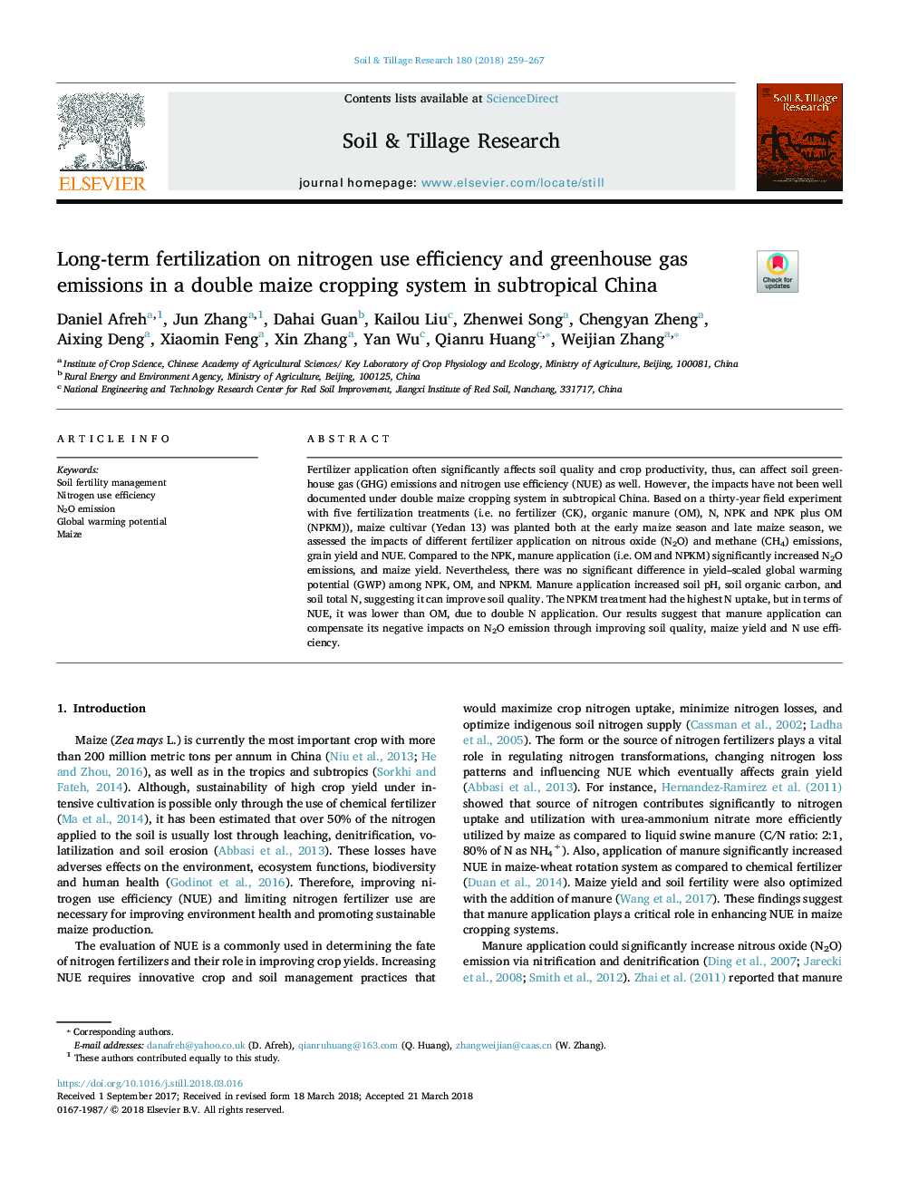 Long-term fertilization on nitrogen use efficiency and greenhouse gas emissions in a double maize cropping system in subtropical China