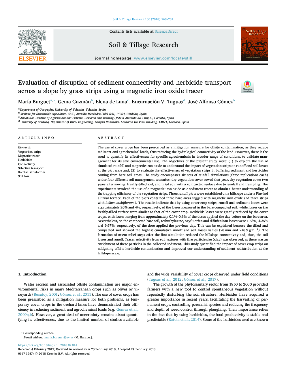 Evaluation of disruption of sediment connectivity and herbicide transport across a slope by grass strips using a magnetic iron oxide tracer