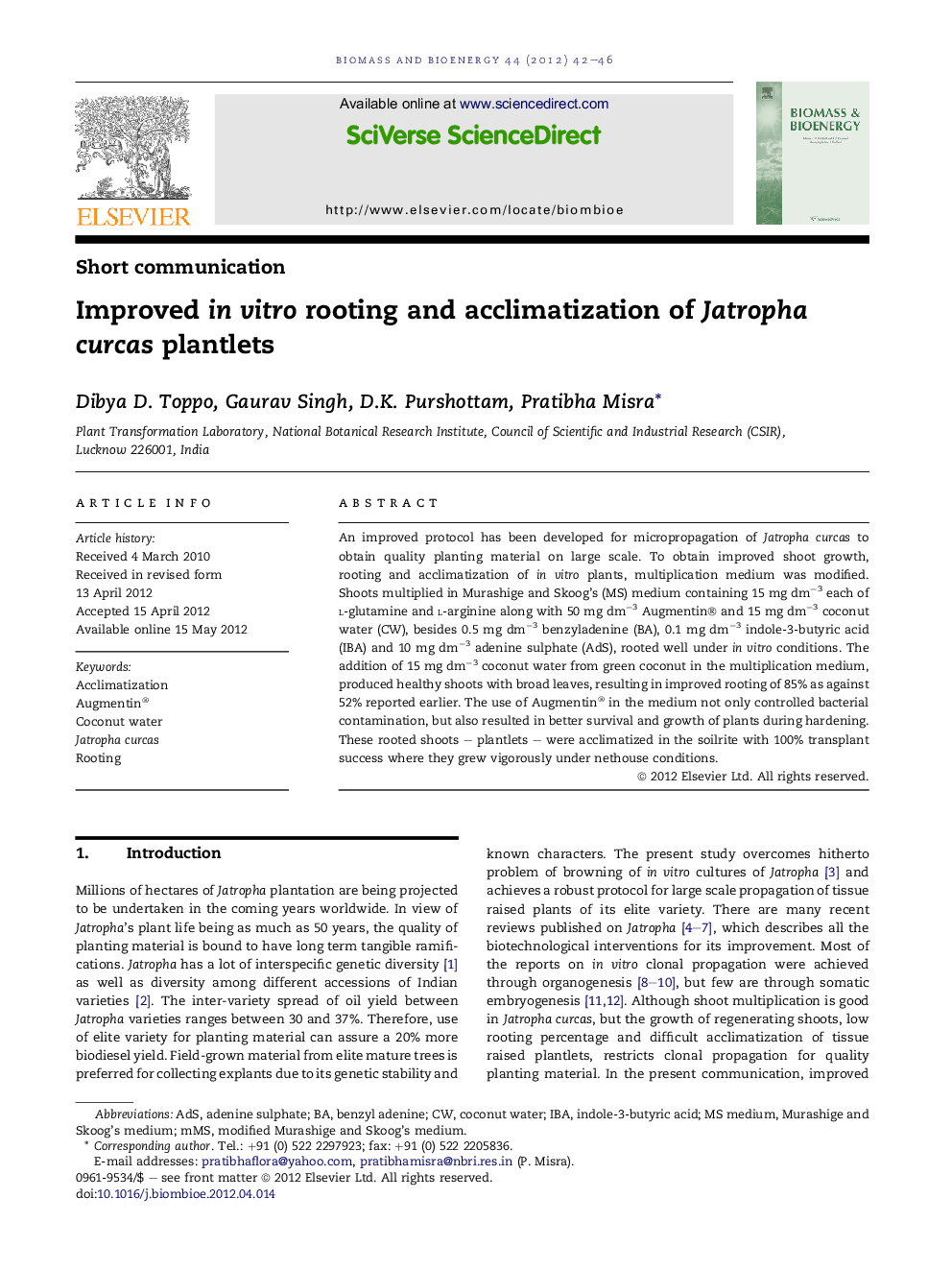 Improved inÂ vitro rooting and acclimatization of Jatropha curcas plantlets