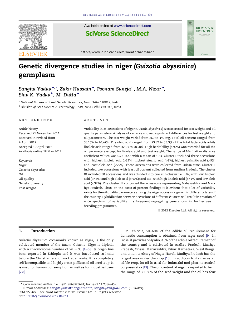 Genetic divergence studies in niger (Guizotia abyssinica) germplasm