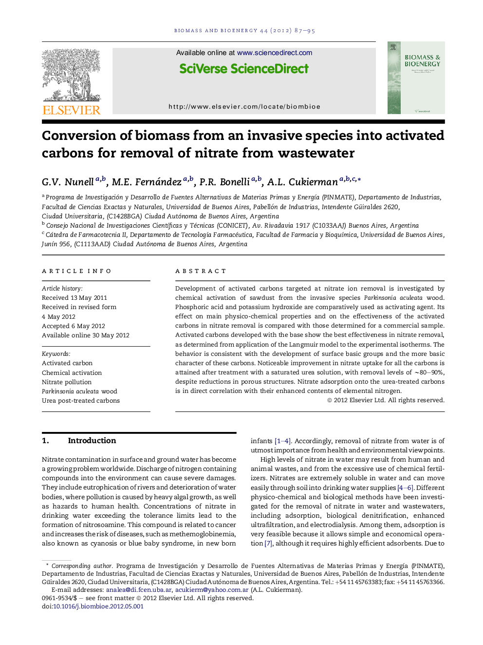 Conversion of biomass from an invasive species into activated carbons for removal of nitrate from wastewater