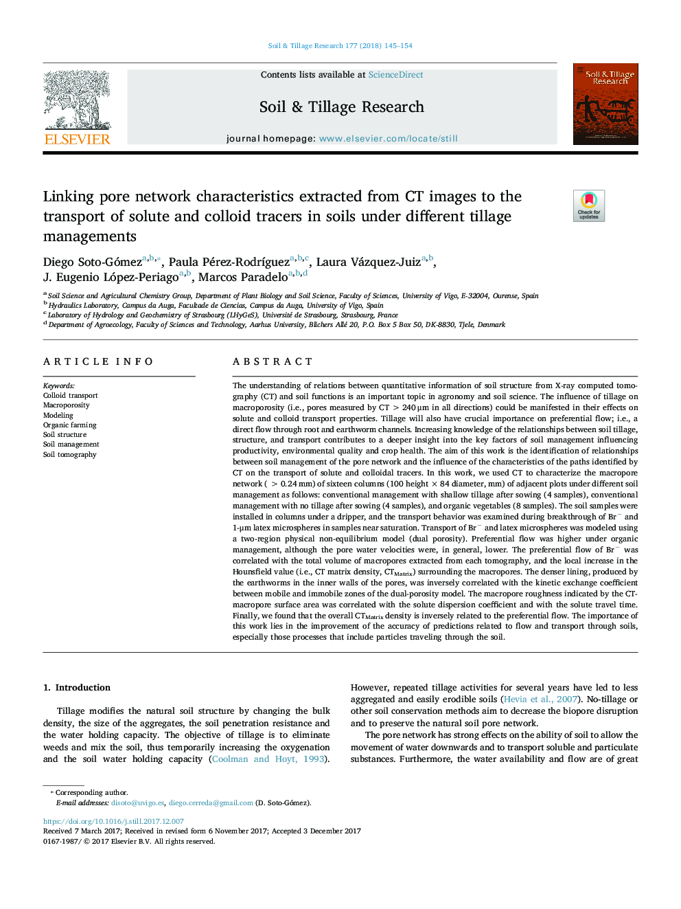 Linking pore network characteristics extracted from CT images to the transport of solute and colloid tracers in soils under different tillage managements