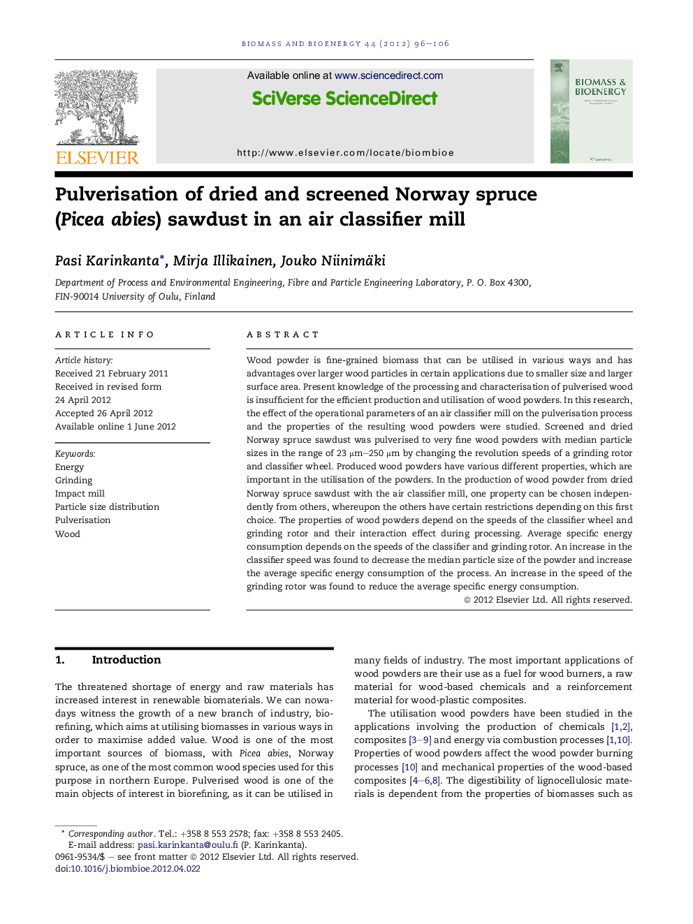 Pulverisation of dried and screened Norway spruce (Picea abies) sawdust in an air classifier mill