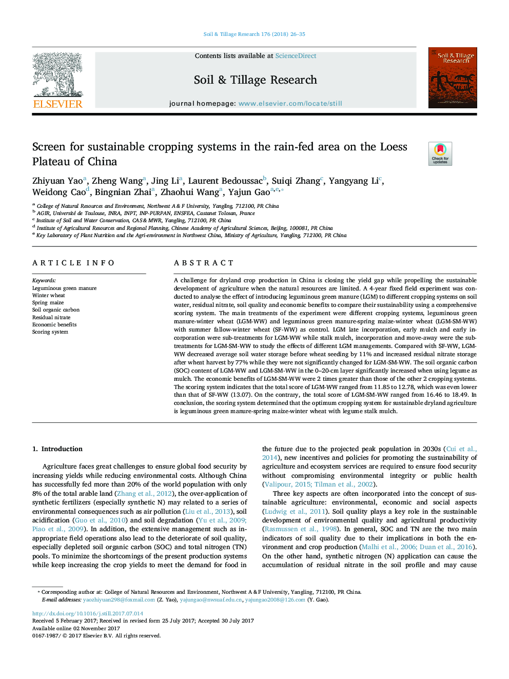 Screen for sustainable cropping systems in the rain-fed area on the Loess Plateau of China