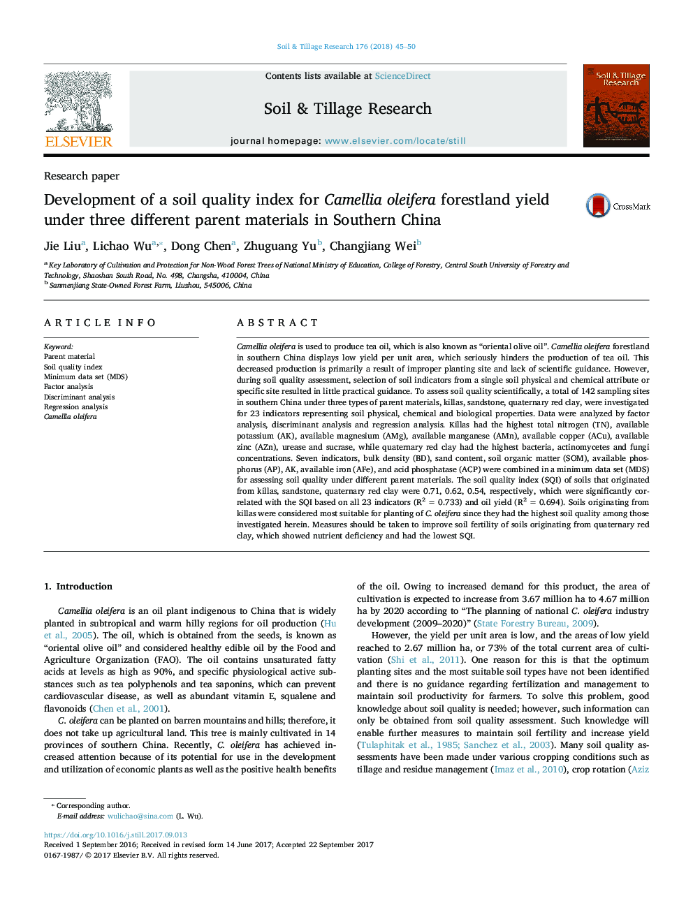 عکس صفحه اول مقاله: Development of a soil quality index for Camellia oleifera forestland yield under three different parent materials in Southern China Development of a soil quality index for Camellia oleifera forestland yield under three different parent materials in Southern China