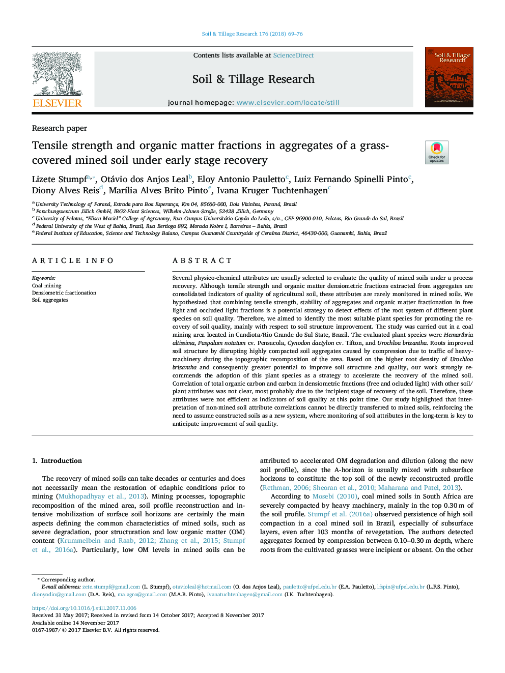 Tensile strength and organic matter fractions in aggregates of a grass-covered mined soil under early stage recovery