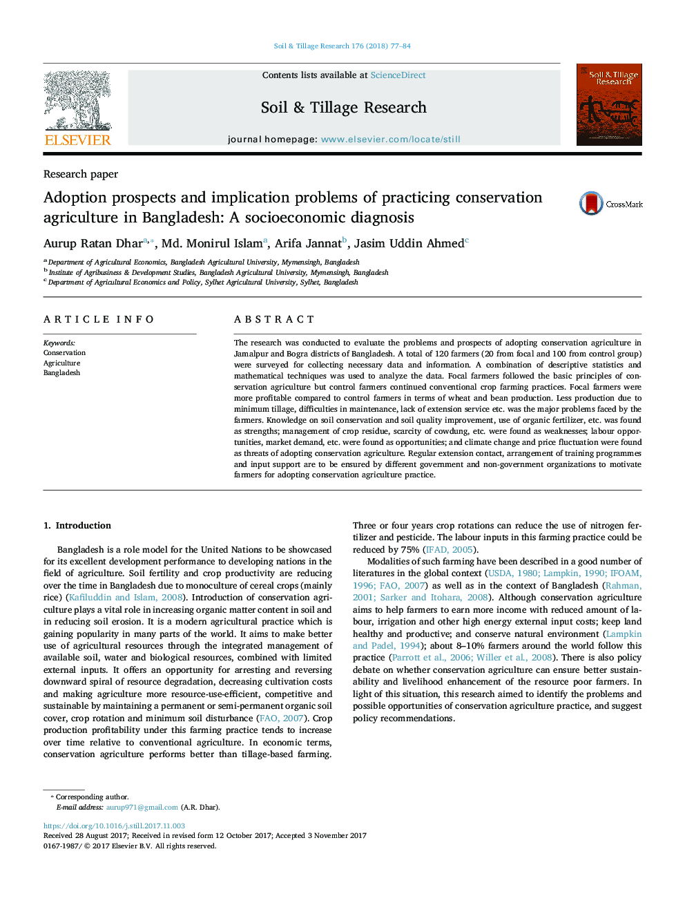 Adoption prospects and implication problems of practicing conservation agriculture in Bangladesh: A socioeconomic diagnosis