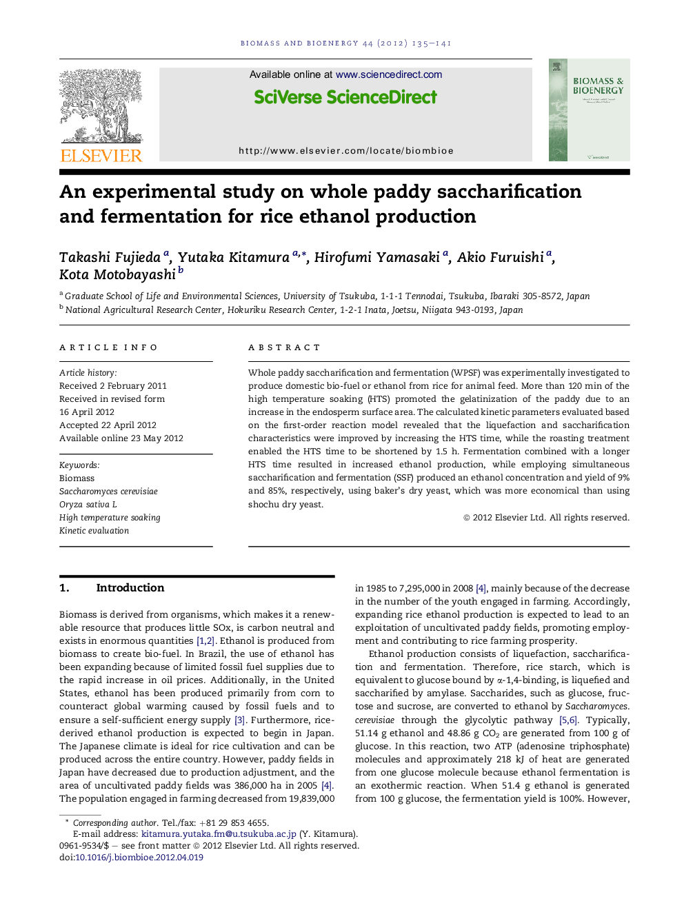 An experimental study on whole paddy saccharification and fermentation for rice ethanol production