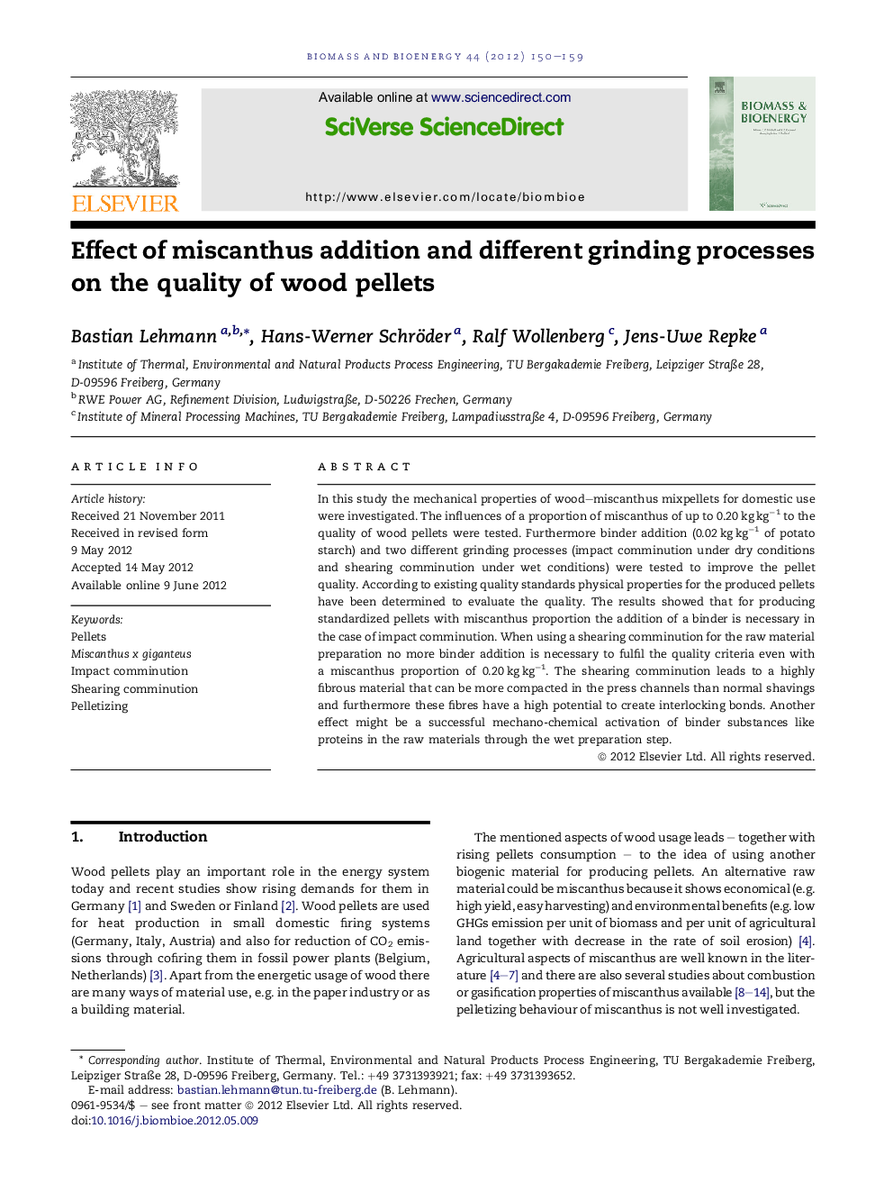 Effect of miscanthus addition and different grinding processes on the quality of wood pellets