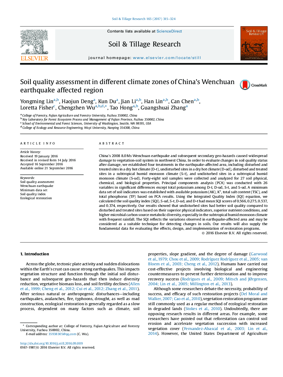 Soil quality assessment in different climate zones of China's Wenchuan earthquake affected region