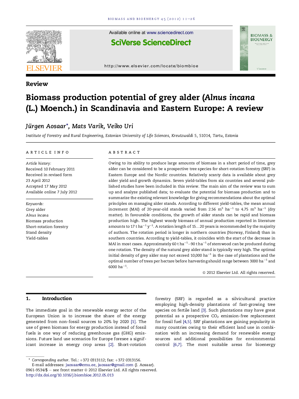 Biomass production potential of grey alder (Alnus incana (L.) Moench.) in Scandinavia and Eastern Europe: A review