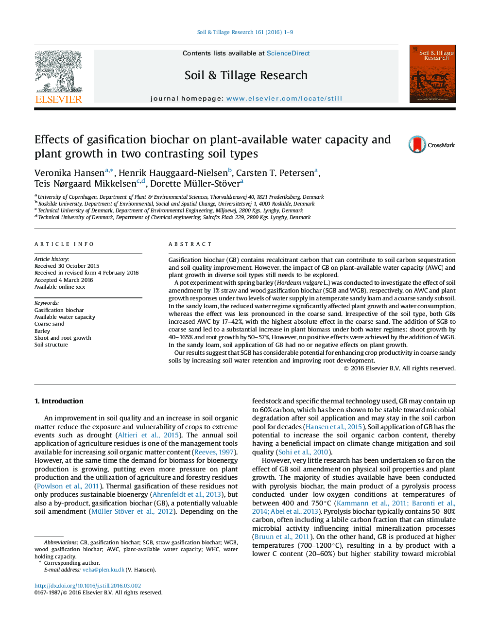 Effects of gasification biochar on plant-available water capacity and plant growth in two contrasting soil types