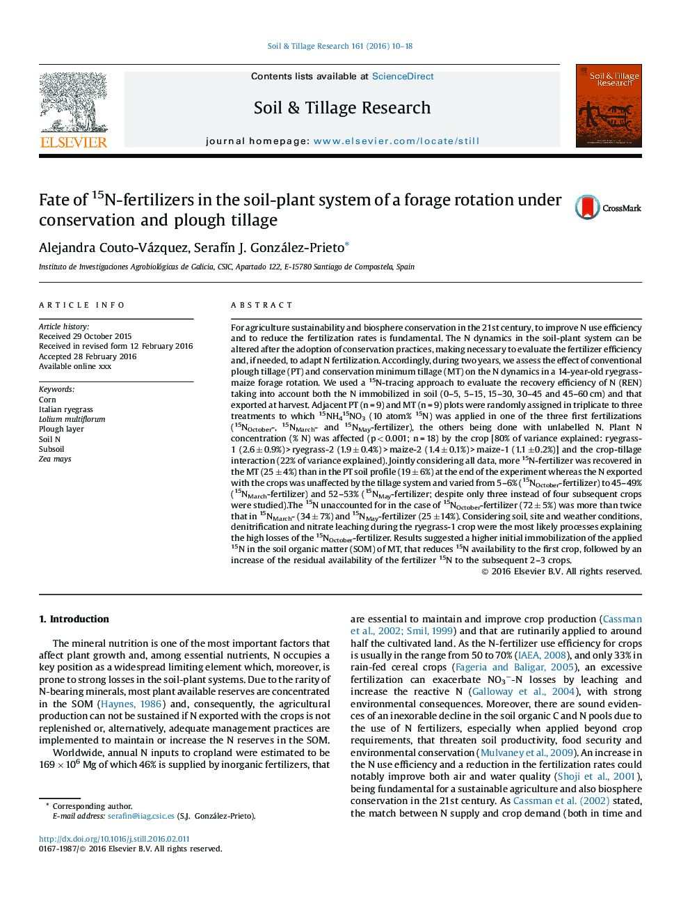 Fate of 15N-fertilizers in the soil-plant system of a forage rotation under conservation and plough tillage