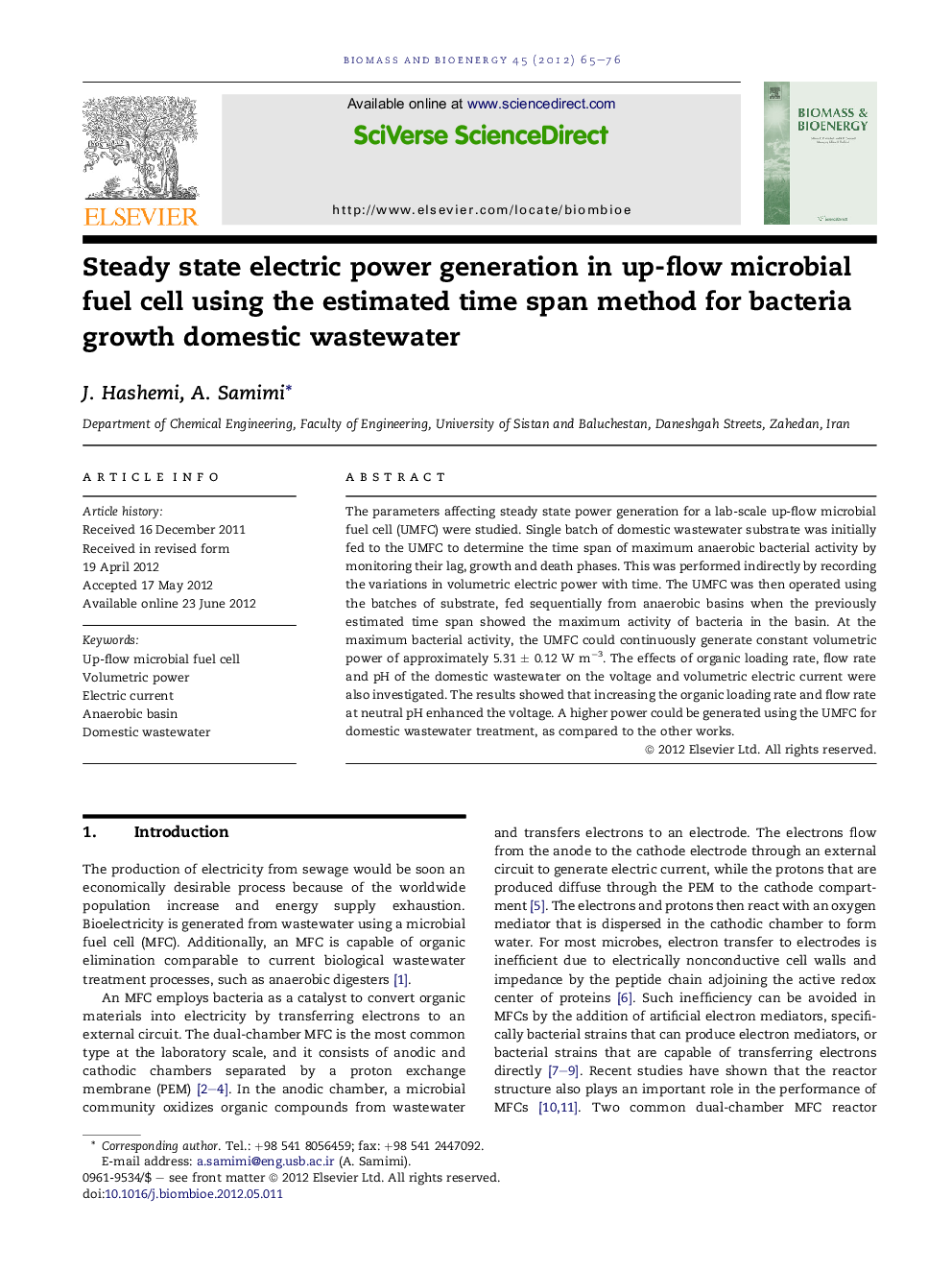 Steady state electric power generation in up-flow microbial fuel cell using the estimated time span method for bacteria growth domestic wastewater