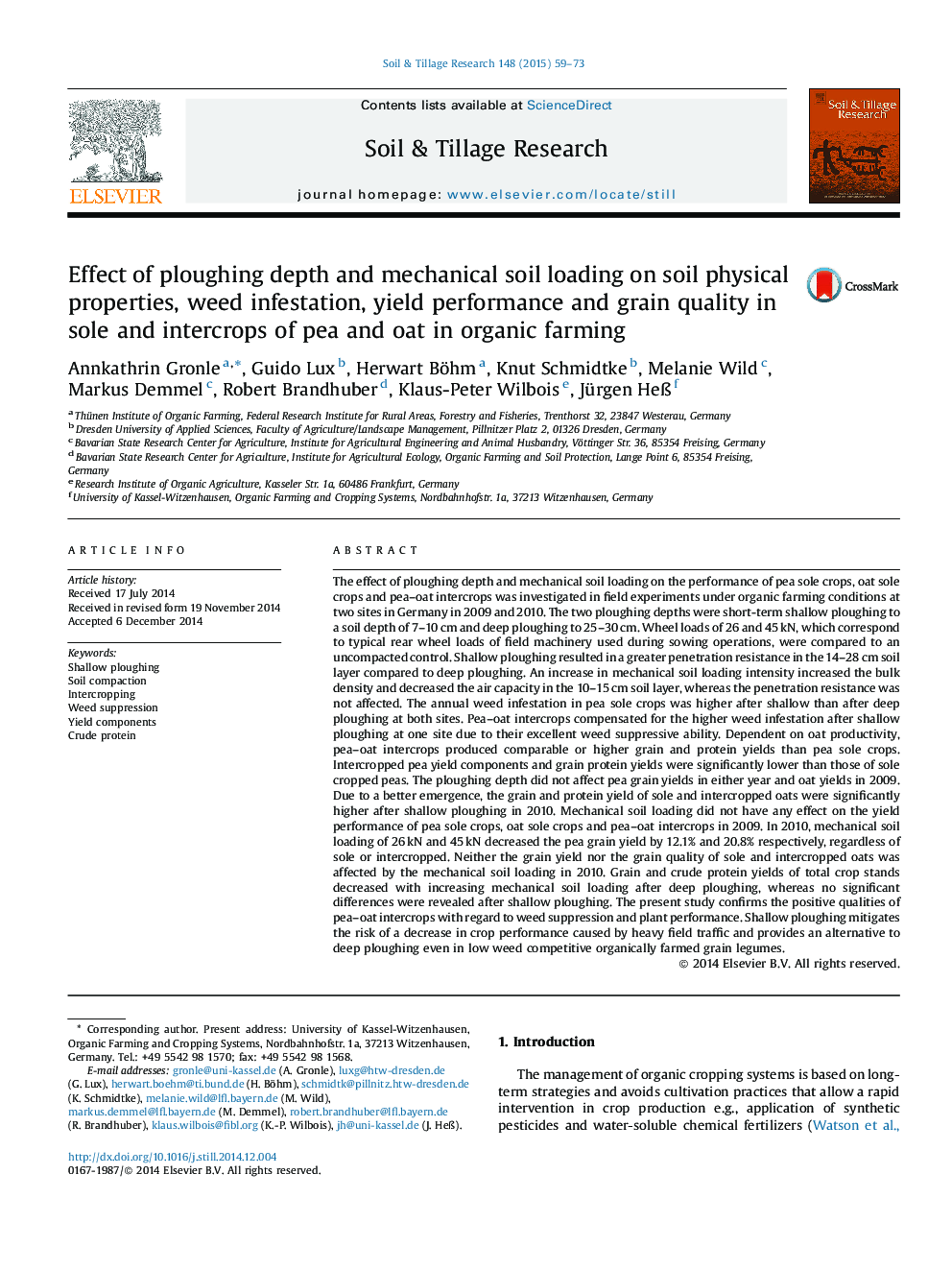 Effect of ploughing depth and mechanical soil loading on soil physical properties, weed infestation, yield performance and grain quality in sole and intercrops of pea and oat in organic farming