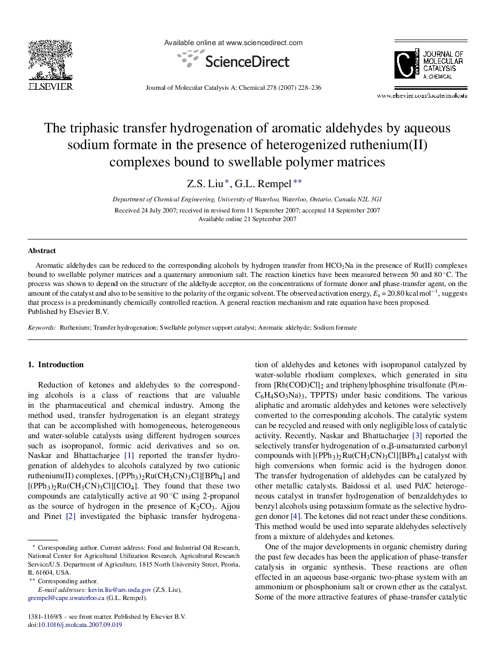 The triphasic transfer hydrogenation of aromatic aldehydes by aqueous sodium formate in the presence of heterogenized ruthenium(II) complexes bound to swellable polymer matrices