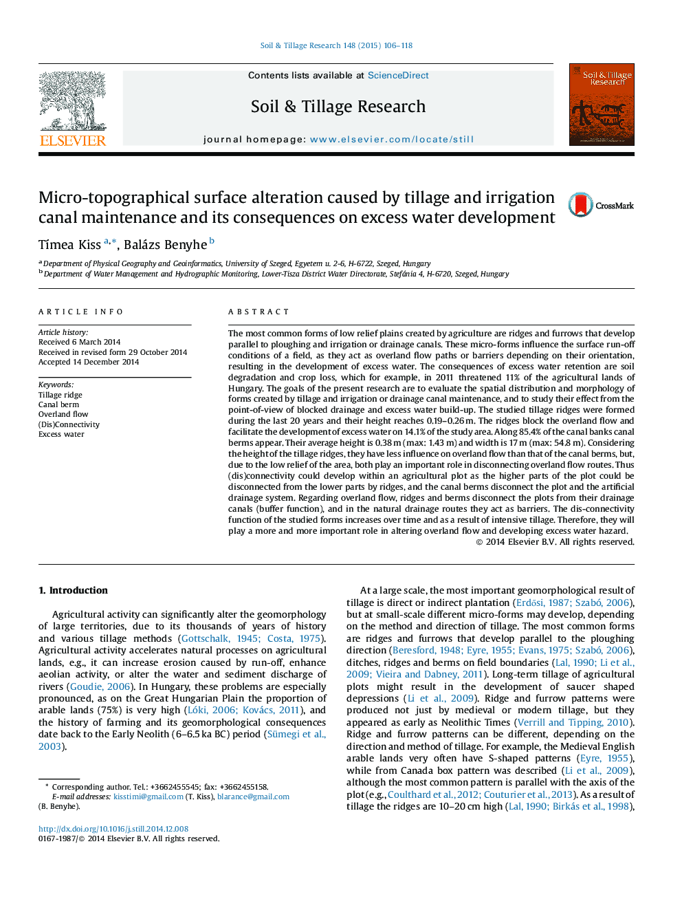 Micro-topographical surface alteration caused by tillage and irrigation canal maintenance and its consequences on excess water development