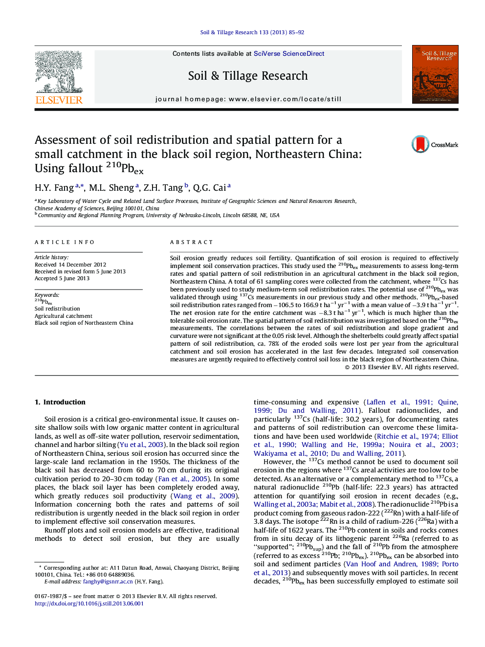 Assessment of soil redistribution and spatial pattern for a small catchment in the black soil region, Northeastern China: Using fallout 210Pbex