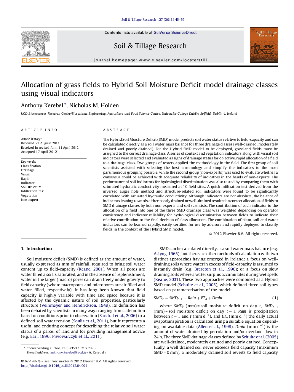 Allocation of grass fields to Hybrid Soil Moisture Deficit model drainage classes using visual indicators