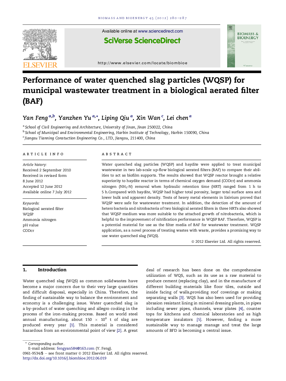 Performance of water quenched slag particles (WQSP) for municipal wastewater treatment in a biological aerated filter (BAF)