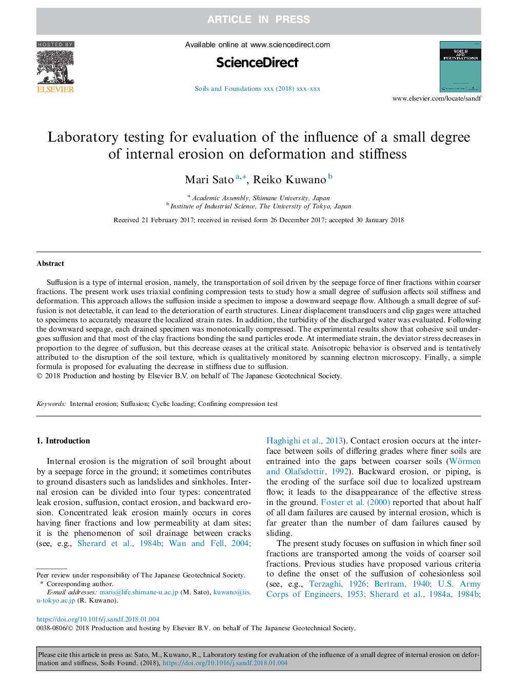 Laboratory testing for evaluation of the influence of a small degree of internal erosion on deformation and stiffness