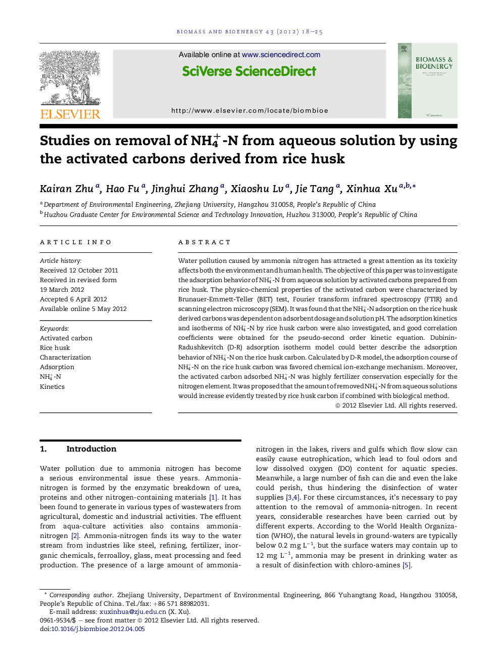 Studies on removal of NH4+-N from aqueous solution by using the activated carbons derived from rice husk