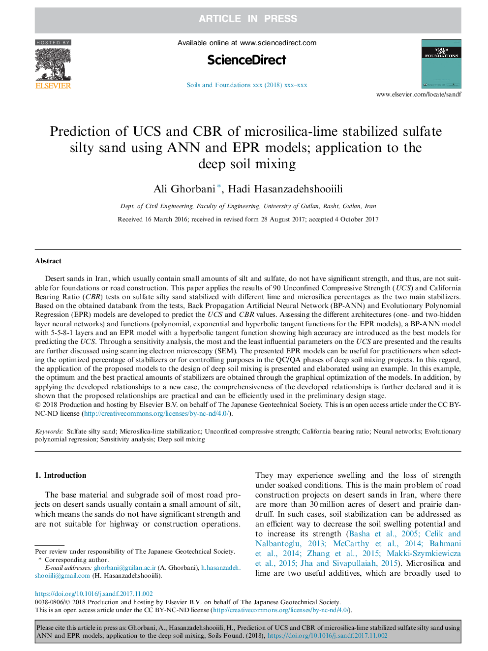 Prediction of UCS and CBR of microsilica-lime stabilized sulfate silty sand using ANN and EPR models; application to the deep soil mixing