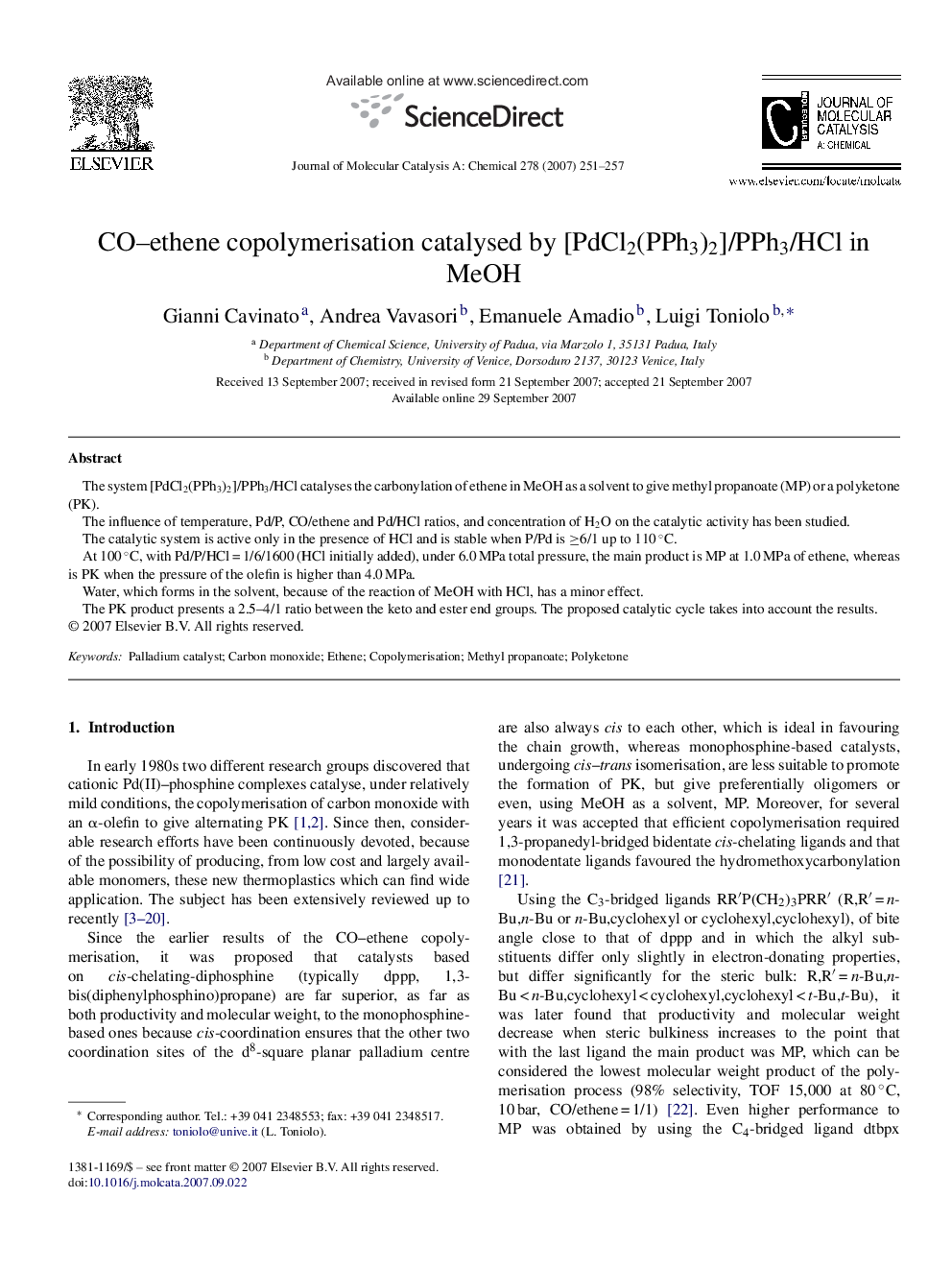 CO–ethene copolymerisation catalysed by [PdCl2(PPh3)2]/PPh3/HCl in MeOH