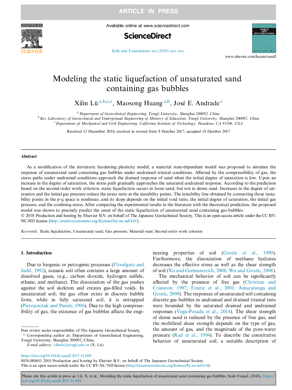 Modeling the static liquefaction of unsaturated sand containing gas bubbles