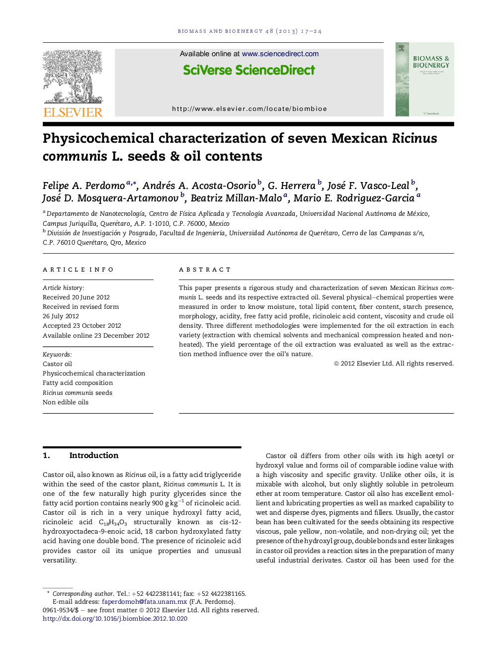 Physicochemical characterization of seven Mexican Ricinus communis L. seeds & oil contents