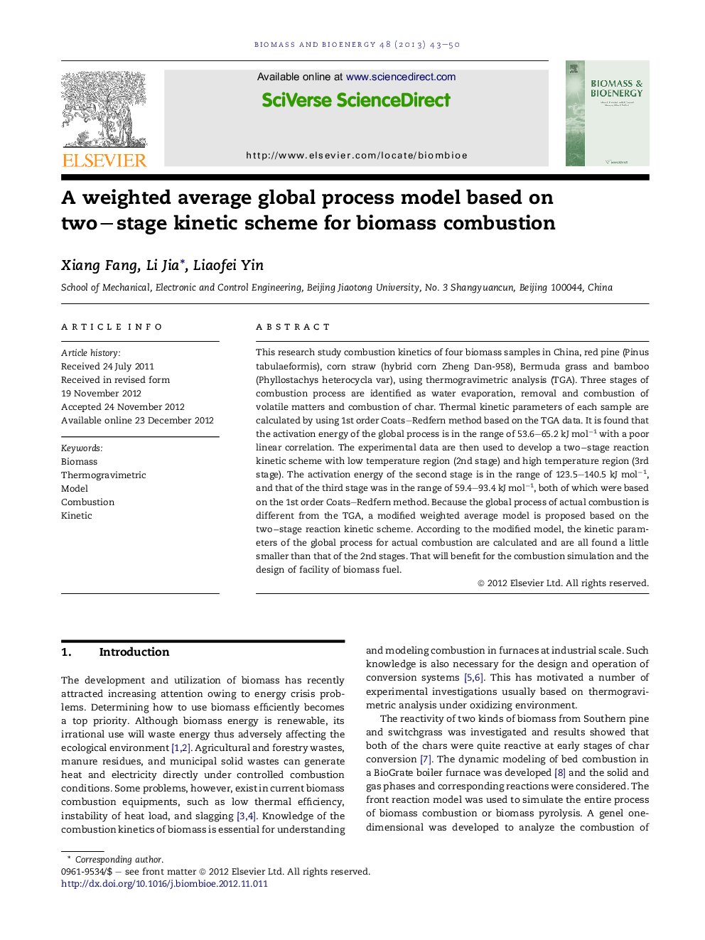 A weighted average global process model based on two−stage kinetic scheme for biomass combustion