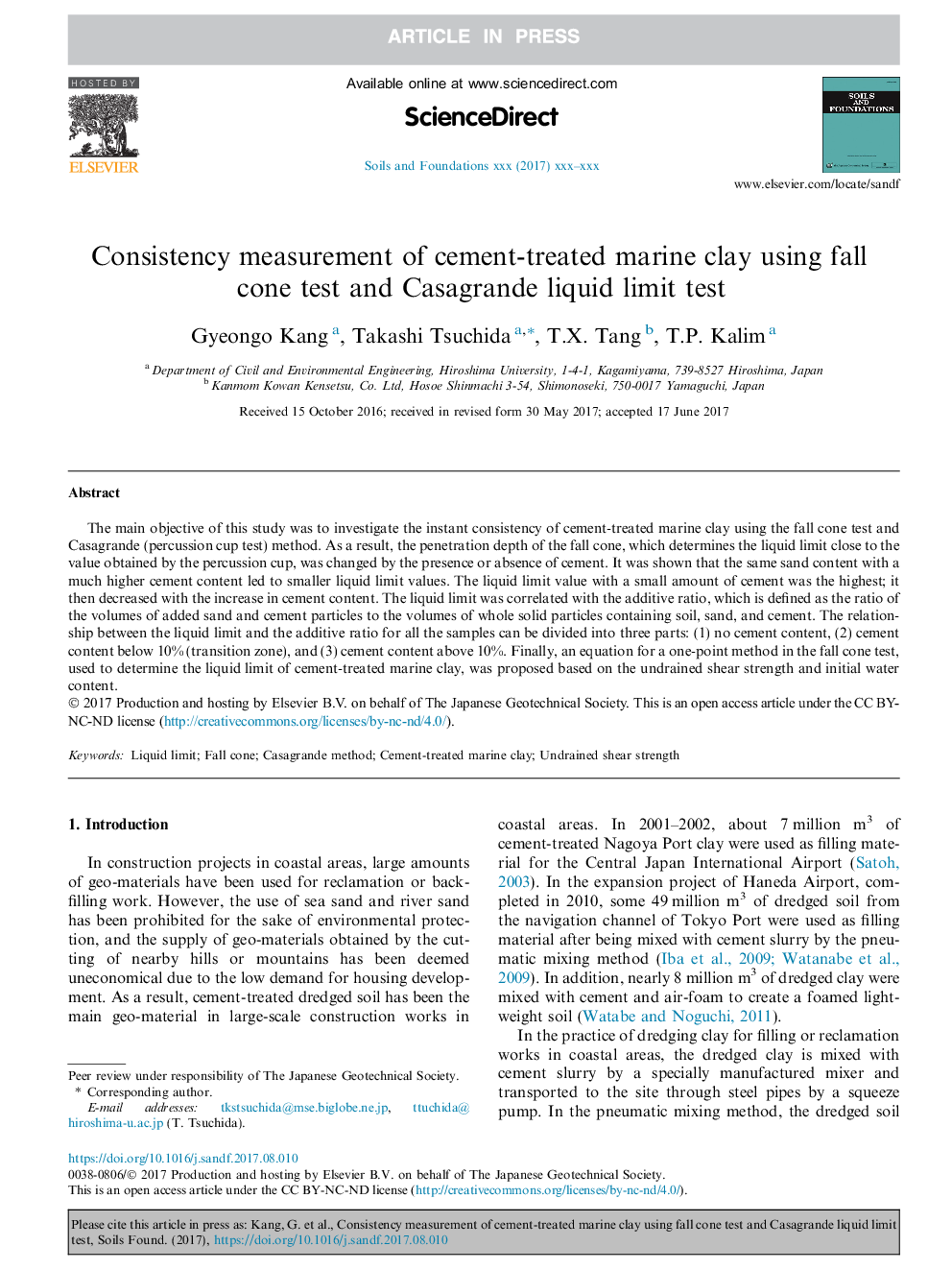 Consistency measurement of cement-treated marine clay using fall cone test and Casagrande liquid limit test