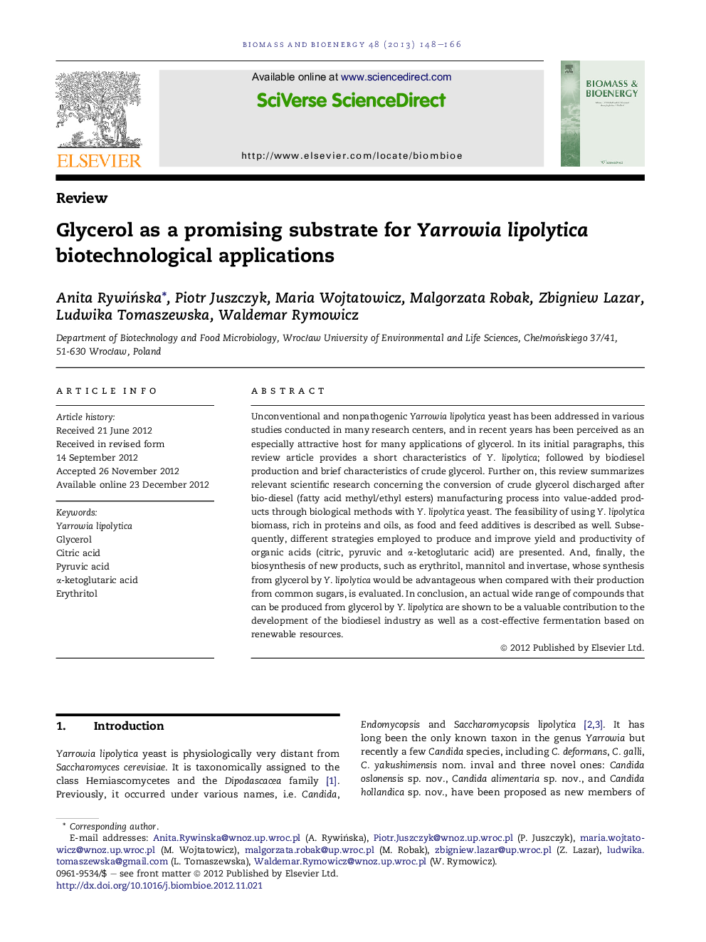 Glycerol as a promising substrate for Yarrowia lipolytica biotechnological applications